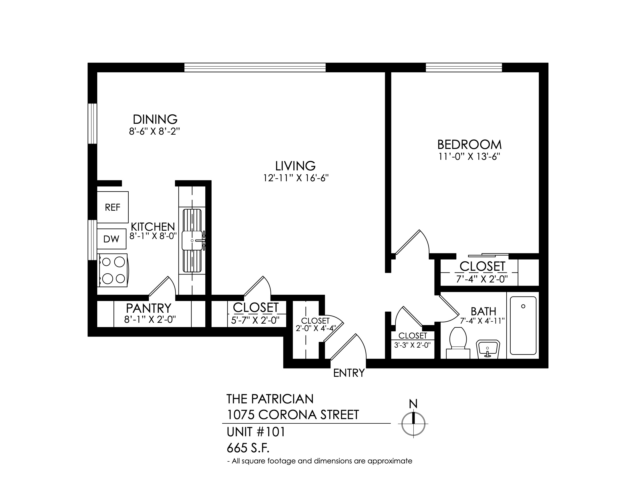 Floor plan for 1 bed, 1 bath, 665 sqft